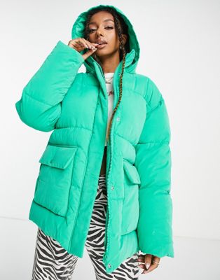 Shop Asos Design Peached Puffer Jacket In Green