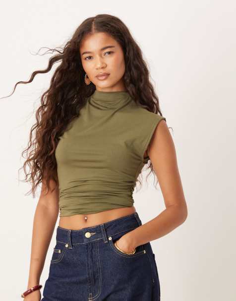 ASOS DESIGN peachskin modal cinched side longline top in khaki green - view 1
