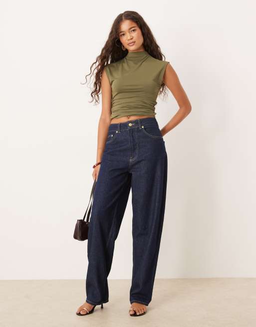 ASOS DESIGN peachskin modal cinched side longline top in khaki green
