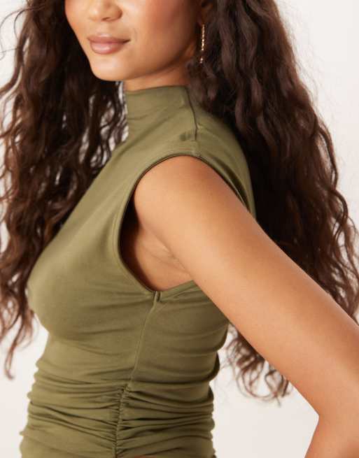 ASOS DESIGN peachskin modal cinched side longline top in khaki green