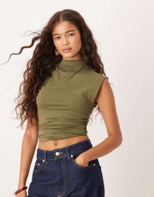 ASOS DESIGN peachskin modal cinched side longline top in khaki | ASOS
