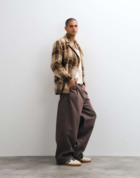 ASOS DESIGN peacoat met wollook in bruine ruit - view 1