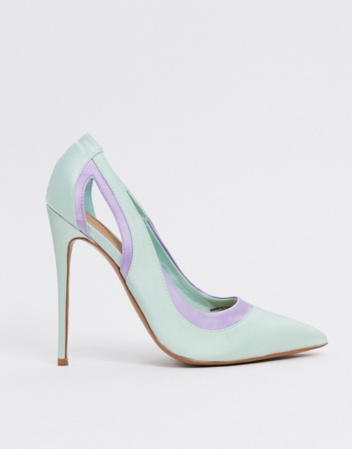 ASOS DESIGN Peaky stiletto court shoes in mint/lilac satin