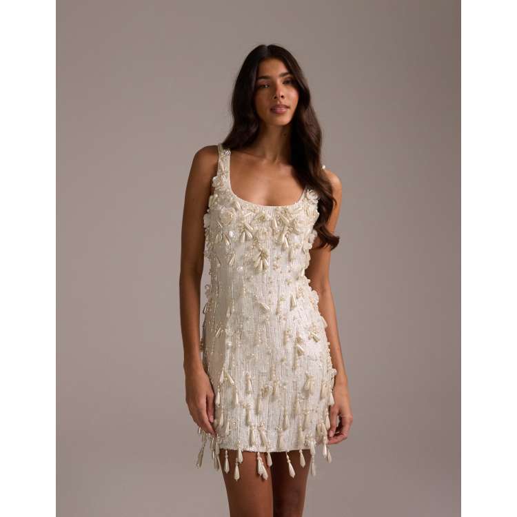 asos design embellished chiffon mini dress ASOS LUXE embellished chiffon trim mini dress in black