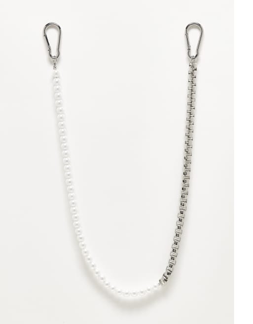 ASOS DESIGN pearl and box chain jeans chain in silver tone 
