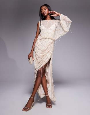 ASOS DESIGN pearl and fringe embellished drape maxi dress in cream - view 1