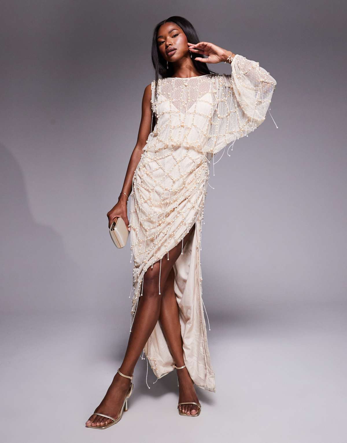 ASOS DESIGN pearl and fringe embellished drape maxi dress in cream