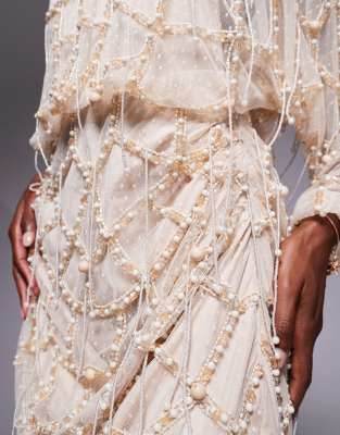 Asos Design Pearl And Fringe Embellished Drape Maxi Dress