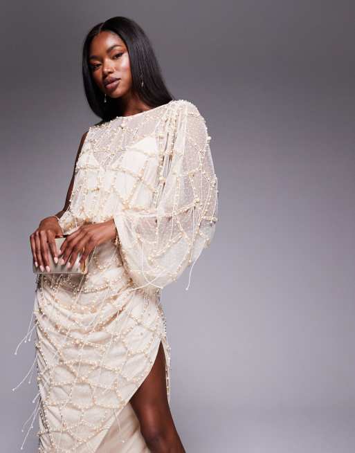 ASOS DESIGN pearl and fringe embellished drape maxi dress in cream