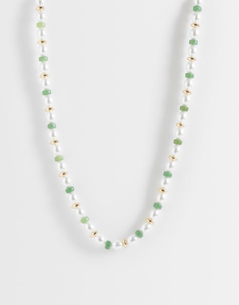 ASOS DESIGN pearl and green bead necklace in gold - view 1