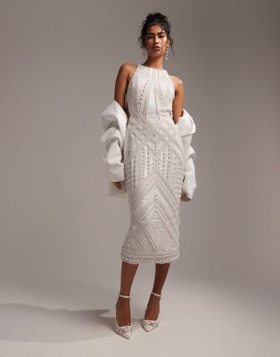 ASOS DESIGN pearl and sequin embellished halter midi dress in ivory
