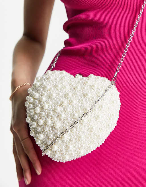 ASOS DESIGN pearl bead heart clutch bag in satin in white