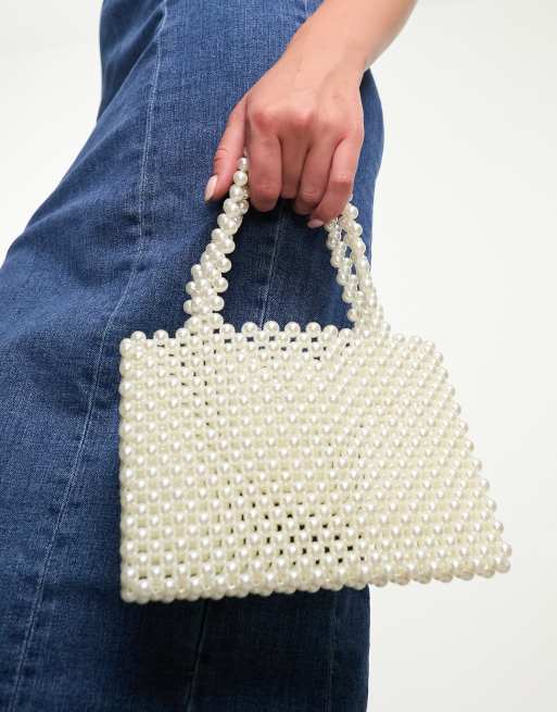 ASOS DESIGN pearl beaded ball bag with top handle in ivory