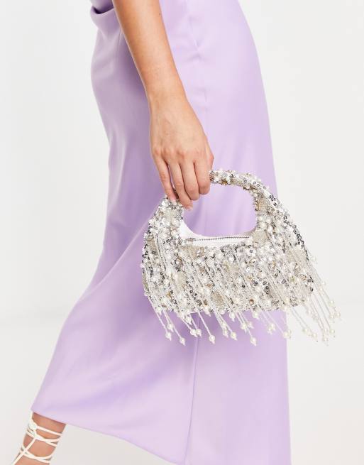 ASOS DESIGN pearl beaded fringe clutch bag in silver