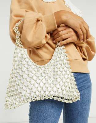 ASOS DESIGN beaded clutch bag in off white and gold