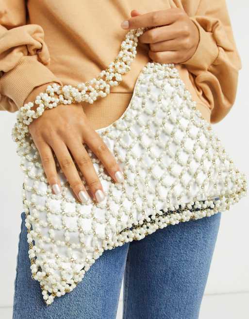 ASOS DESIGN beaded clutch bag in off white and gold