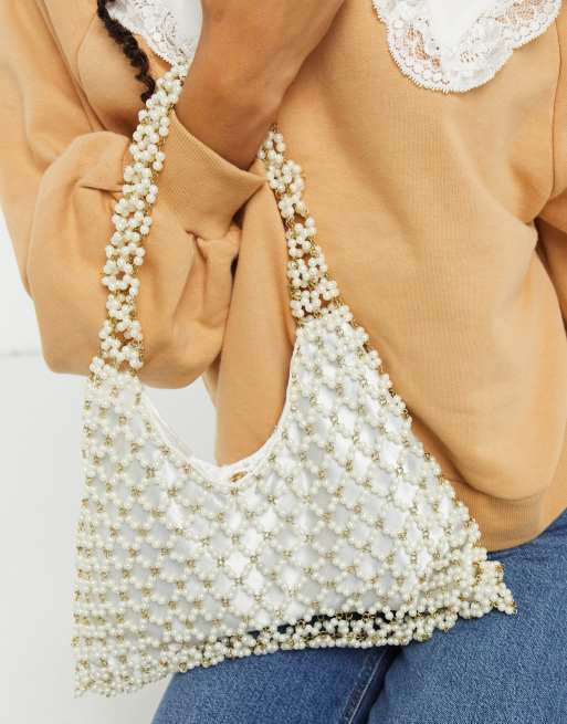 ASOS DESIGN beaded clutch bag in off white and gold