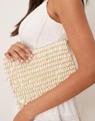 ASOS DESIGN ASOS DESIGN pearl droplet zip top clutch bag in cream-White
