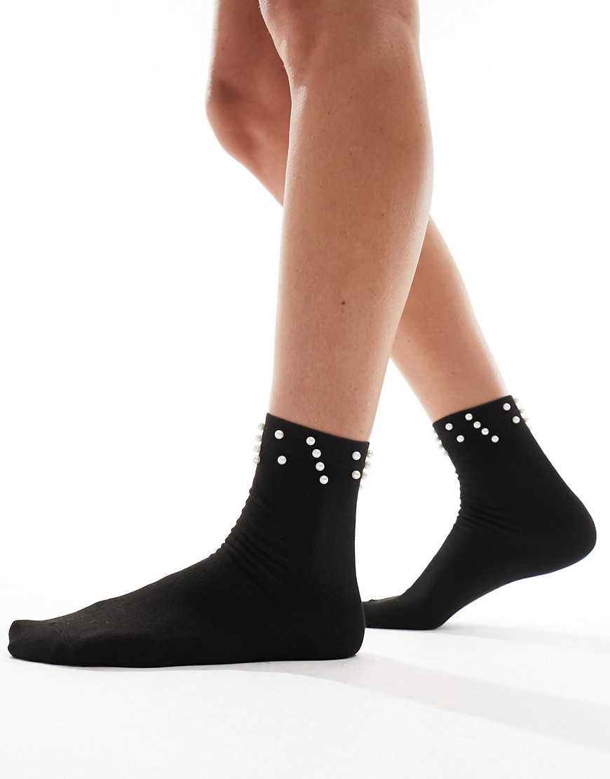 ASOS DESIGN pearl embellished ankle socks-Black
