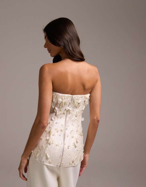 ASOS DESIGN pearl embellished bandeau top in ivory, 5 of 5