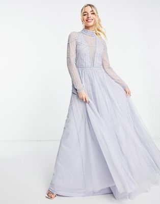 ASOS DESIGN pearl embellished bodice maxi dress with tulle skirt in blue - ASOS Price Checker
