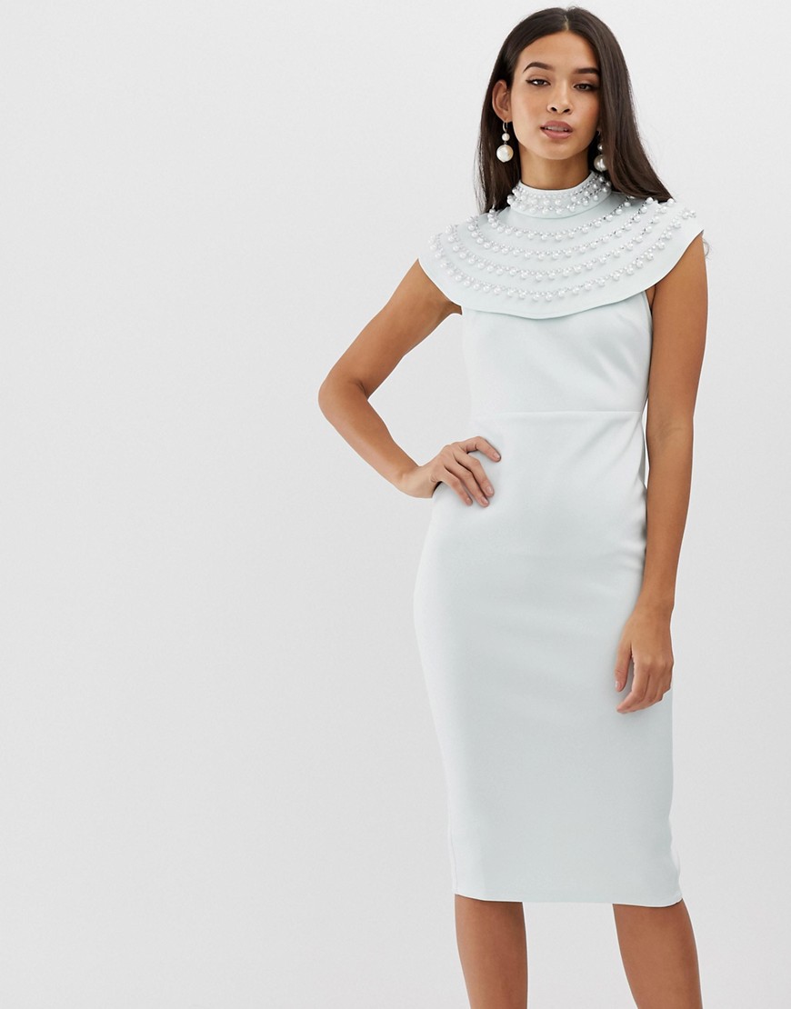 ASOS DESIGN pearl embellished cape midi pencil dress-Multi