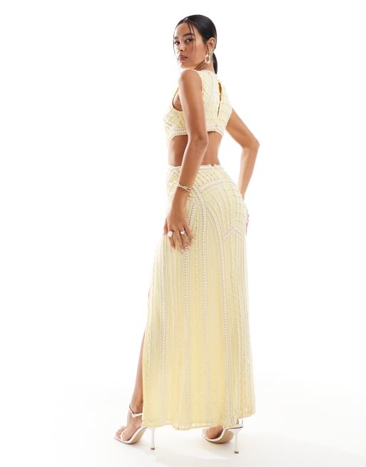 ASOS DESIGN pearl embellished maxi dress with double front splits in lemon, 3 of 4