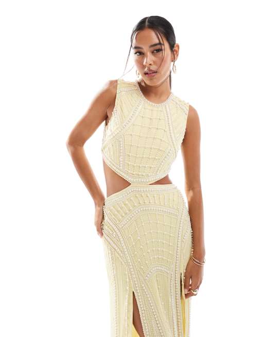ASOS DESIGN pearl embellished maxi dress with double front splits in lemon, 4 of 4
