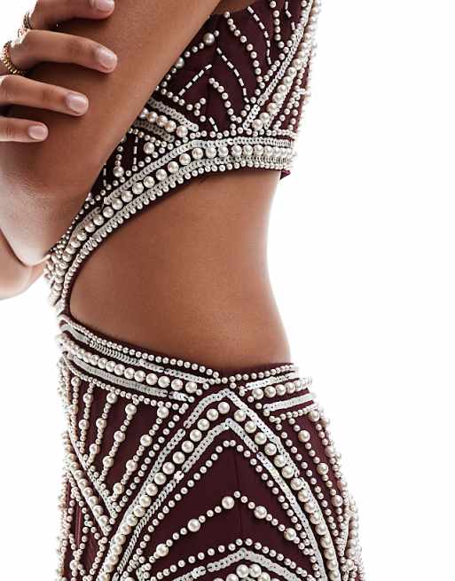 ASOS DESIGN pearl embellished maxi dress with double front ASOS DESIGN pearl embellished maxi dress with double front