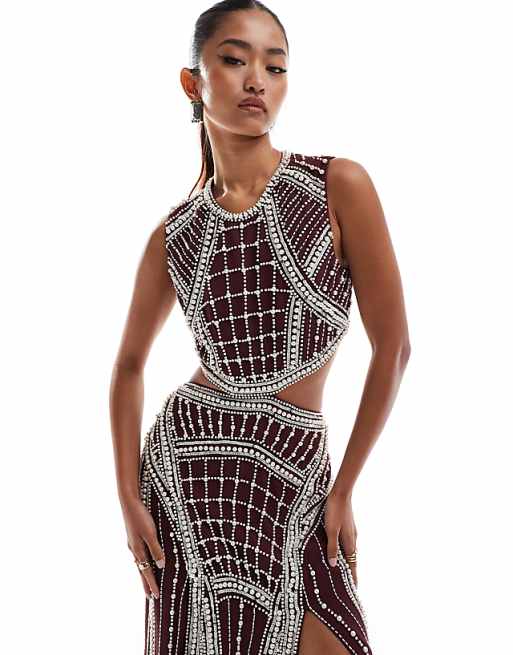 ASOS DESIGN pearl embellished maxi dress with double front ASOS DESIGN pearl embellished maxi dress with double front