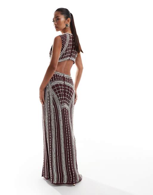 ASOS DESIGN pearl embellished maxi dress with double front splits in oxblood