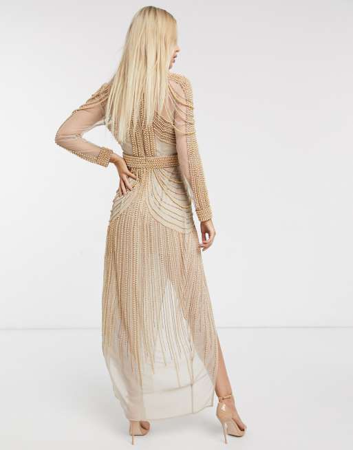 ASOS DESIGN pearl embellished maxi dress with thigh high splits