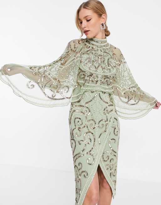 Pearl-Embellished Cape Dress Green