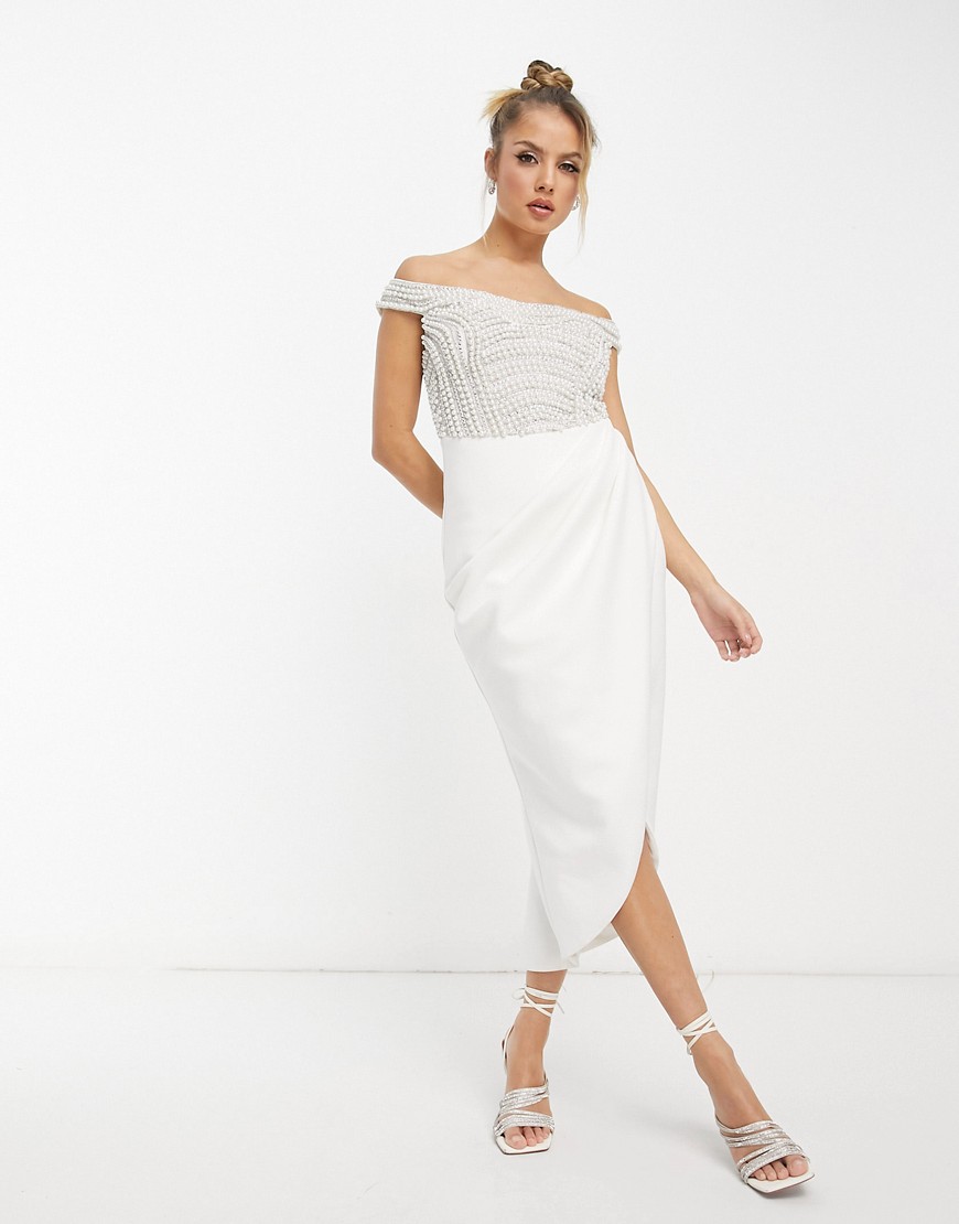 ASOS DESIGN pearl embellished off shoulder wrap midi dress in white-Multi