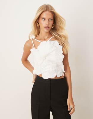 ASOS DESIGN pearl embellished oversized flower halterneck top in white