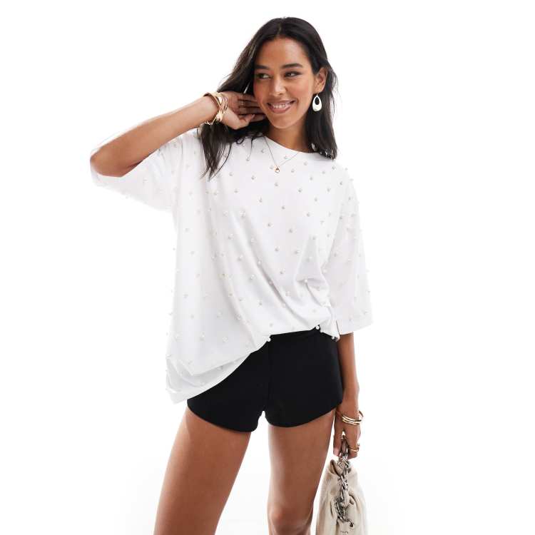 ASOS DESIGN pearl embellished oversized t-shirt in white | ASOS