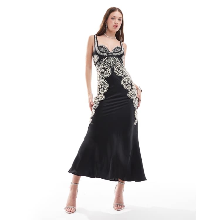 ASOS DESIGN pearl embellished satin maxi dress in black