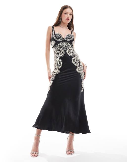 CerbeShops DESIGN pearl embellished satin maxi dress workout in black