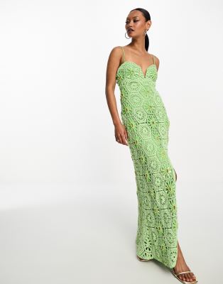 Asos Design Pearl Embellished Sweetheart Neck Crochet Maxi Dress With Split In Bright Green