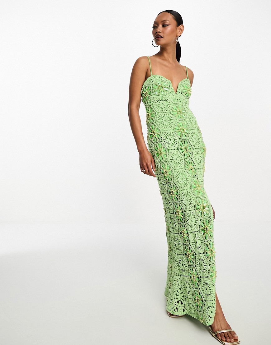ASOS DESIGN pearl embellished sweetheart neck crochet maxi dress with split in bright green