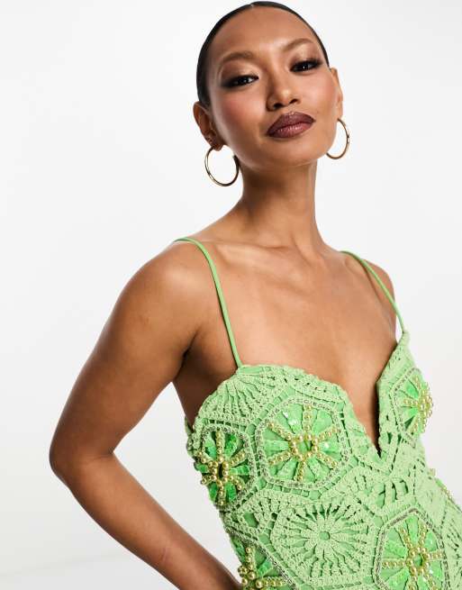 ASOS DESIGN pearl embellished sweetheart neck crochet maxi dress with split in bright green