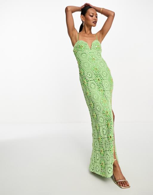 ASOS DESIGN pearl embellished sweetheart neck crochet maxi dress with split in bright green