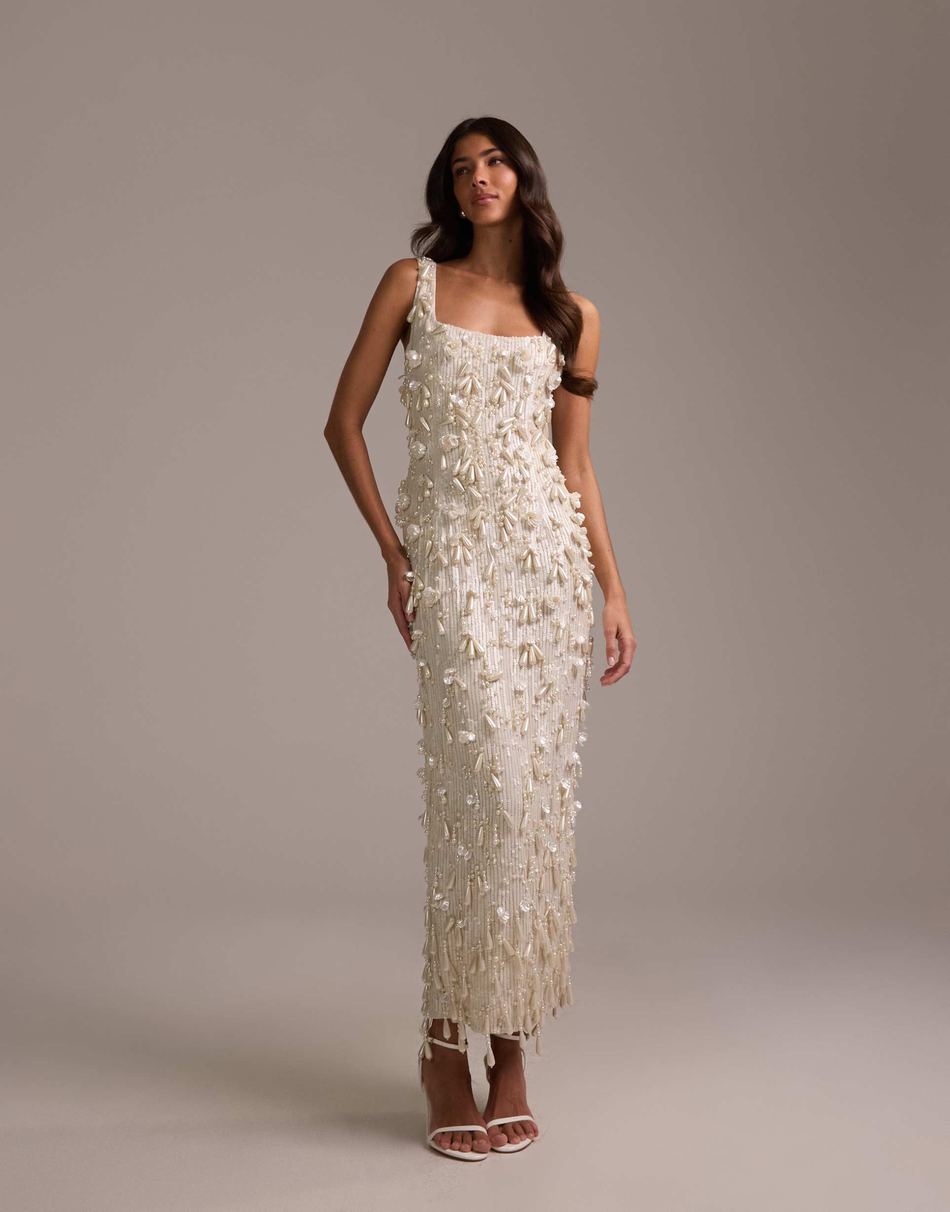 asos design pearl encrusted square neck maxi dress with beaded fringe in ivory
