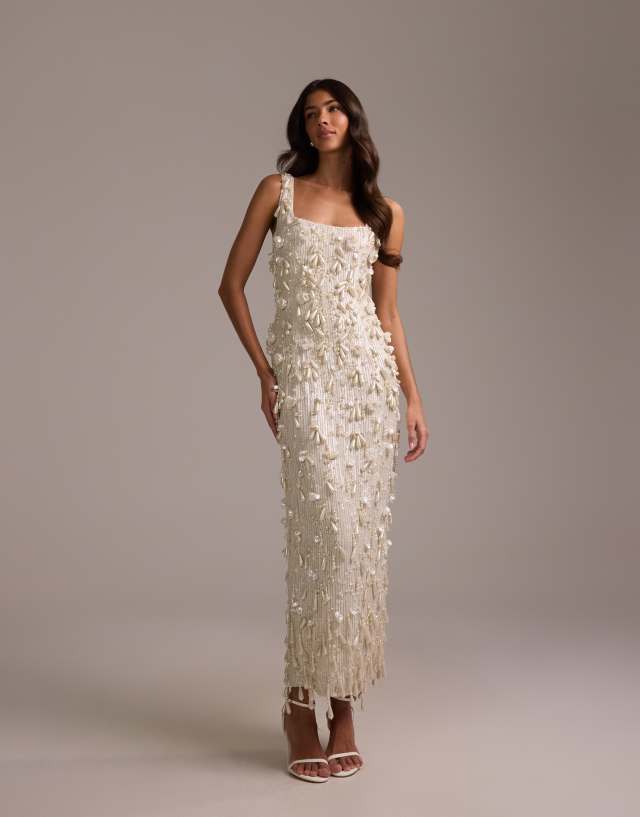 ASOS DESIGN pearl encrusted square neck maxi dress with beaded fringe in ivory