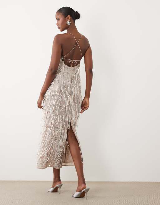ASOS DESIGN pearl fringe tassel maxi dress in pale grey, 3 of 4