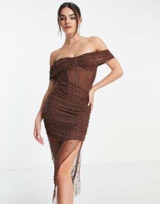 ASOS DESIGN pearl mesh bardot corset midi dress in chocolate-Orange