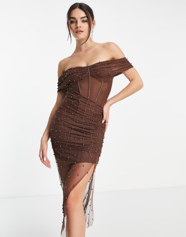 ASOS DESIGN pearl mesh off the shoulder corset midi dress in chocolate