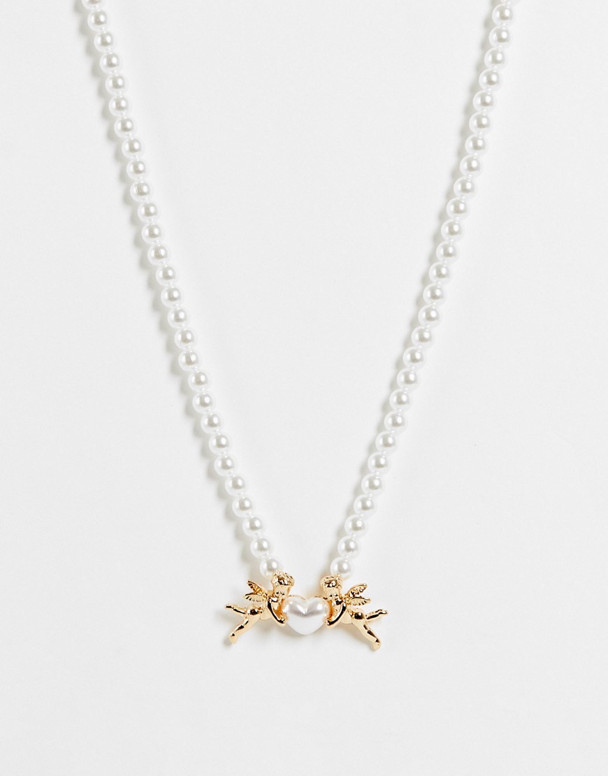 ASOS DESIGN pearl necklace with cherub design in gold tone-Multi