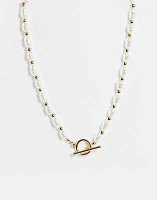 ASOS DESIGN pearl necklace with T bar detail in gold tone