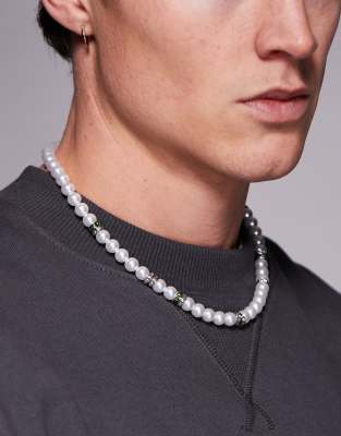 Asos Design Pearl & Rondel Necklace In Brown